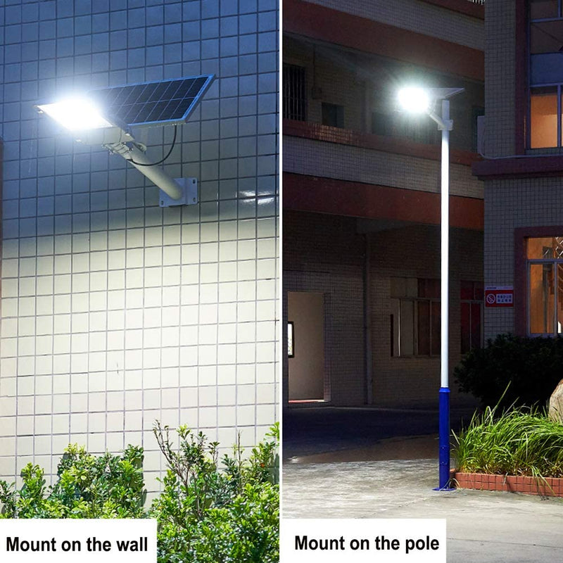 100 W Solar Street Flood Lights Outdoor Lamp, 208 LED White 6500K with Remote Control Dusk to Dawn Security Lighting for Yard, Garden, Gutter