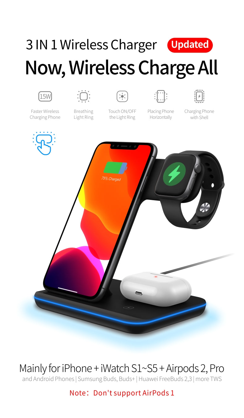 Wireless Charging Station, 3 in 1 Wireless Charger Stand 15W Fast Charging Pad, Qi-Certified Dock Compatible with iPhone 12/11/Pro/Max/XR/XS/X, AirPods Pro, Apple Watch