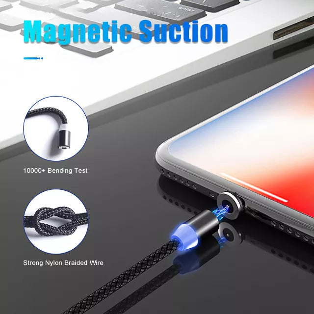 360 Degree LED Nylon Braided 3 IN 1 Magnetic USB Charging Cable for mobile phone